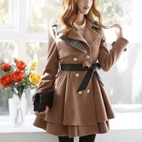 Layered-Hem Double-Breasted Winter Trench Coat from YesStyle Camel Brown Size S - Picture 1 of 10